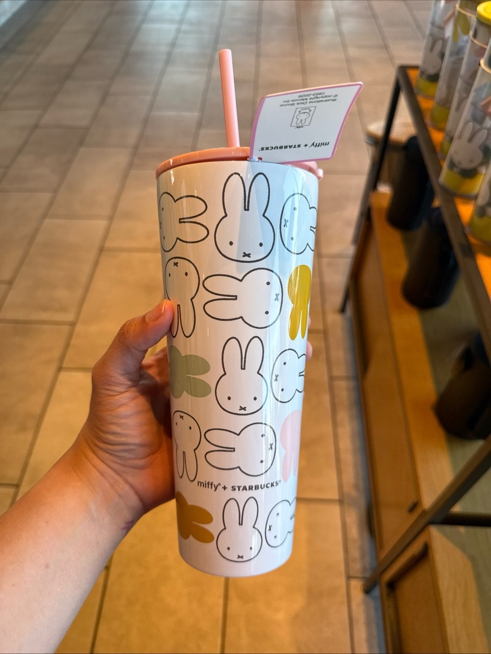 miffy Starbucks White Tumbler with Pink Lid and Pastel Bunny Pattern